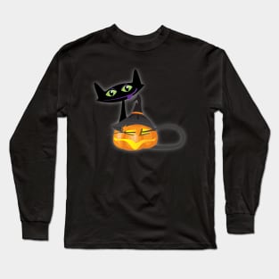 Halloween Black Cat Playing with Happy Pumpkin Long Sleeve T-Shirt